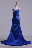 Mermaid Strapless Dark Royal Blue Sweep Train Elastic Satin With Beadings Party Dresses Rjerdress