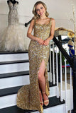 Mermaid Straps Gold Sequin Square Neck Backless Long Prom Dress with Slit