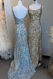Mermaid Straps Gold Sequin Square Neck Backless Long Prom Dress with Slit Rjerdress