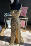 Mermaid Straps Gold Sequin Square Neck Backless Long Prom Dress with Slit Rjerdress