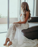 Mermaid Sweetheart Long Lace Wedding Dresses , Strapless Appliques Sweep Train Bride Dresses Rjerdress