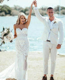Mermaid Sweetheart Long Lace Wedding Dresses , Strapless Appliques Sweep Train Bride Dresses Rjerdress