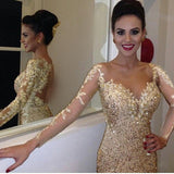 Mermaid Sweetheart Long Sleeves Gold Backless Prom Evening Dresses with Appliques rjs42 Rjerdress