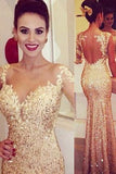 Mermaid Sweetheart Long Sleeves Gold Backless Prom Evening Dresses with Appliques rjs42