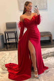 Mermaid Sweetheart Pleated Long Sleeves Prom Dress with Slit Feather