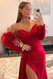 Mermaid Sweetheart Pleated Long Sleeves Prom Dress with Slit Feather Rjerdress