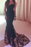 Mermaid Sweetheart Sweep Train Tulle Satin Black with Appliques Lace Prom Dresses RJS625