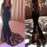 Mermaid Sweetheart Sweep Train Tulle Satin Black with Appliques Lace Prom Dresses RJS625 Rjerdress