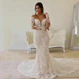 Mermaid/Trumpet Long Sleeves Court Train Tulle With Applique Wedding Dresses
