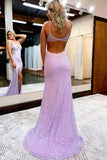 Mermaid/Trumpet V Neck Sleeveless Floor-Length Lilac Sequin Prom Dresses Rjerdress