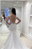 Mermaid/Trumpet V-Neck Tulle Wedding Dresses With Appliques Cap Sleeves Zipper Up Rjerdress