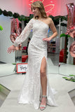 Mermaid Tulle One Shoulder Long Sleeves Slit Prom Dresses With Applique