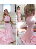 Mermaid Two Piece Open Back Halter Long Evening Dresses Beautiful Prom Dresses Rjerdress