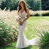 Mermaid V-Neck Backless Lace White Wedding Dresses With Court Train Rjerdress