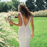 Mermaid V-Neck Backless Lace White Wedding Dresses With Court Train Rjerdress