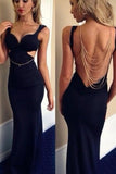Mermaid V-Neck Floor-Length Backless Spandex Sleeveless Navy Blue Prom Dresses RJS614