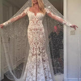 Mermaid V Neck Illusion Back Long Sleeves Ivory Tulle Court Train Wedding Dress with Lace Rjerdress
