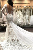 Mermaid V Neck Illusion Back Long Sleeves Ivory Tulle Court Train Wedding Dress with Lace Rjerdress
