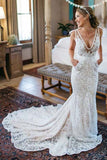 Mermaid V Neck Lace With Applique Court Train Wedding Dresses Rjerdress
