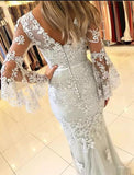 Mermaid V Neck Long Sleeve Prom Dresses Lace Appliques V Back Evening Dresses rjs554 Rjerdress