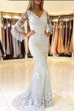 Mermaid V Neck Long Sleeve Prom Dresses Lace Appliques V Back Evening Dresses rjs554