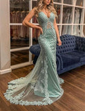 Mermaid V Neck Long Sleeveless Tulle With Applique Sweep Train Prom Dresses