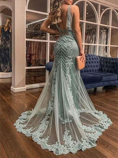 Mermaid V Neck Long Sleeveless Tulle With Applique Sweep Train Prom Dresses Rjerdress