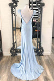 Mermaid V Neck Satin Pleated Slit Long Prom Dresses With Feather Shoulder Rjerdress