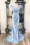 Mermaid V Neck Satin Pleated Slit Long Prom Dresses With Feather Shoulder Rjerdress