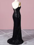 Mermaid V Neck  Spaghetti Straps Sequin Black Sparkle Prom Dresses Rjerdress