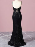 Mermaid V Neck  Spaghetti Straps Sequin Black Sparkle Prom Dresses Rjerdress