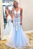 Mermaid V-Neck Straps Tulle See Through Sleeveless Prom Dresses With Applique