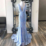 Mermaid V-Neck Sweep Train Backless Straps Velvet Sequins Prom Dresses RJS169 Rjerdress