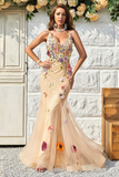 Mermaid V Neck Tulle With Appliques Floor Length Prom Dresses Rjerdress