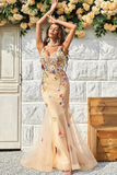 Mermaid V Neck Tulle With Appliques Floor Length Prom Dresses