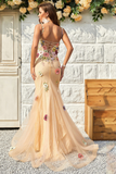 Mermaid V Neck Tulle With Appliques Floor Length Prom Dresses Rjerdress