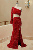 Mermaid Cut Out Red One Shoulder Sequin Prom Dress With Front Split