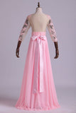 Mid-Length Sleeve A-Line Scoop Chiffon Prom Dresses Floor-Length With Applique And Bow-Knot Rjerdress