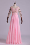 Mid-Length Sleeve A-Line Scoop Chiffon Prom Dresses Floor-Length With Applique And Bow-Knot Rjerdress