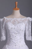 Mid-Length Sleeves Boat Neck Bridal Dresses A Line Tulle With Applique And Beads Rjerdress