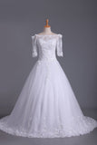 Mid-Length Sleeves Boat Neck Bridal Dresses A Line Tulle With Applique And Beads