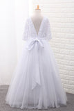 Mid-Length Sleeves Scoop Ball Gown Flower Girl Dresses Tulle With Sash Rjerdress