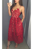 Mid-calf Red Lace Spaghetti Straps with Pockets Sweetheart Homecoming Dresses UK RJS642 Rjerdress