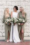 Minimalist V Neck Long Sleeves Floor Length With High Slit Bridesmaid Dresses Rjerdress