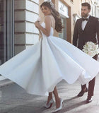 Minimalist White Satin Spaghetti Straps Tea Length Wedding Dress, Short Bride  Dresses Rjerdress