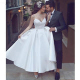 Minimalist White Satin Spaghetti Straps Tea Length Wedding Dress, Short Bride  Dresses Rjerdress