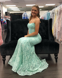 Mint Straps Prom Dresses Mermaid/Trumpet With Applique Lace Sweep Train Rjerdress