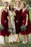 Mismatched Burgundy Chiffon V Neck Knee Length Bridesmaid Dresses