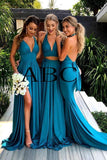 Mix And Match Elegant A Line V Neck Long Blue Backless Bridesmaid Dresses Rjerdress