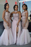 Mixed Style Long Lace Appliques Mermaid Tulle Blush Pink Long Bridesmaid Dresses Rjerdress